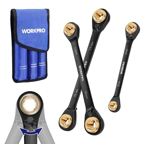 WORKPRO 3-Piece 4-in-1 Reversible Ratcheting Wrench Set, 12 Sizes in 3 Wrenches (8MM to 19MM), Metric, Anti-Slip, Double Box End, 72-Tooth, CR-V, 6-Point, with Storage Bag - for Repair & Maintenance - style: Metric