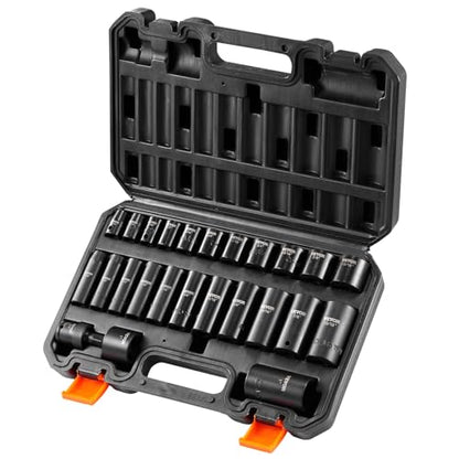 VEVOR 3/8" Drive Impact Socket Set, 25 Piece Deep & Shallow Socket Set SAE 5/16" - 1", 6 Point Cr-Mo Alloy Steel for Auto Repair, Easy-to-Read Size Markings, Rugged Construction, Includes Storage Case - style: 3/8" 25PCS CR-MO