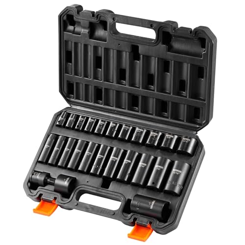 VEVOR 3/8" Drive Impact Socket Set, 25 Piece Deep & Shallow Socket Set SAE 5/16" - 1", 6 Point Cr-Mo Alloy Steel for Auto Repair, Easy-to-Read Size Markings, Rugged Construction, Includes Storage Case - style: 3/8" 25PCS CR-MO