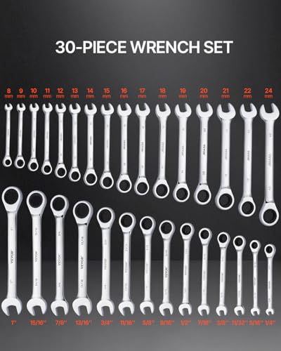 VEVOR Combination Wrench Set, 30-Piece Ratcheting Wrench Set with Organizer Rack, Cr-V Steel Wrench Set SAE 1/4" to 1", Metric 8 mm to 24 mm, Ideal for General Household, Garage, Workshop, Emergency | SAE 1/4" to 1", Metric 8 mm to 24 mm, Cr-V Steel, with