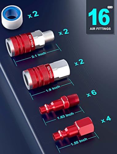 EVOULTES 16 Pieces Universal 1/4" NPT Air Hose Fittings & Coupler Kit, Lightweight Aluminium With Quick Connect Plug, Pneumatic Tool Fitting for Compressor Accessories