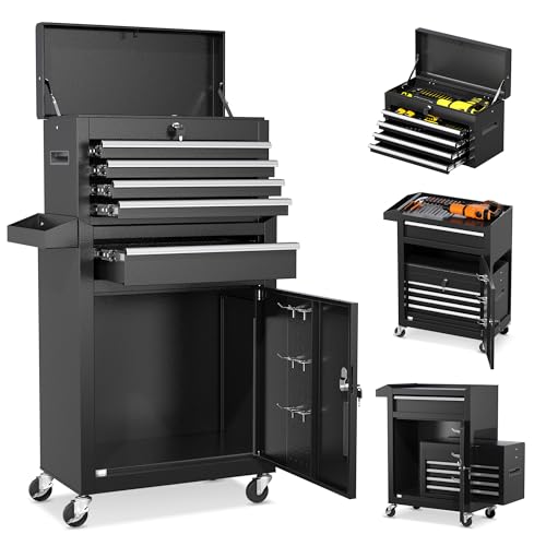 INTERGREAT Rolling Tool Chest, 5-Drawer Tool Box Organizer w/Lockable Wheels & Sliding Drawers & Detachable Top, Tool Storage Cabinet for Garage Workshop, Black - color: Black, size: 5 Drawers