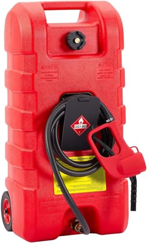 15 Gallon Gas Can, Fuel Tank Container with Fluid Transfer Manual Siphon Pump & 10FT Hose, Portable Diesel Gas Storage Caddy with Wheels for Car, ATV, Weeder, Boat - color: Red