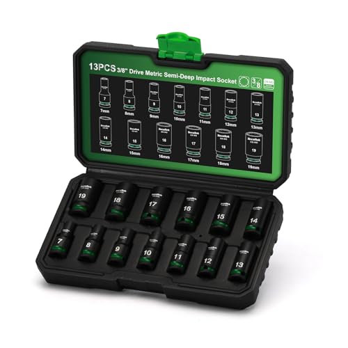 TecoTek 3/8-Inch Drive 12-Point Metric Semi-Deep Impact Socket Set, Mid-Length Socket Set, 7mm to 19mm, CR-MO, Stamped and Ink Filled Size Marking, 13-Piece - size: 7mm to 19mm