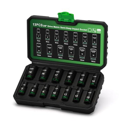 TecoTek 3/8-Inch Drive 12-Point Metric Semi-Deep Impact Socket Set, Mid-Length Socket Set, 7mm to 19mm, CR-MO, Stamped and Ink Filled Size Marking, 13-Piece - size: 7mm to 19mm