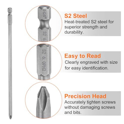 HARFINGTON 5pcs #2 Phillips Screwdriver Bit PH2 1/4" Hex Shank 8" (200mm) Long Magnetic S2 Steel Industrial Grade Screw Driver Bit Cross Head Electric Drill Bits 0.236" (6mm) Rod - size: PH2 x 200mm x 6mm