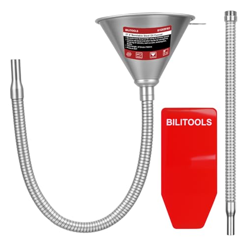 BILITOOLS 4pc Oil Funnel Kit, Flexible & Steel Bendable Oil Change Kit | Funnel For Automotive Use, Flexible Drain Funnel, 14.6"/26.2" Long Neck Hoses, Spill-Free Metal Bendable Spout Funnel Set
