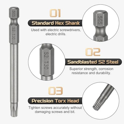 HARFINGTON 5pcs T30 Torx Head Screwdriver Bit 1/4" Hex Shank 3.15" (80mm) Long Magnetic No Hole Tip Tamper Proof 6 Point Star Screw Driver Drill Bits S2 Steel Industrial Power Screwdrivers - size: T30 x 3.15"(80mm)