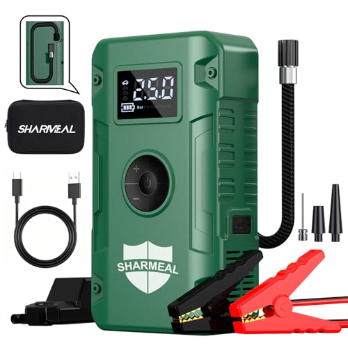 Sharmeal Jump Starter 7000A, 12V Car Battery Jump Starter with Air Compressor (Up to All Gas or 12.0L Diesel Engine), Battery Booster with 3 Modes Flashlight and Jumper Cable - color: Green-7000A+ Air Compressor