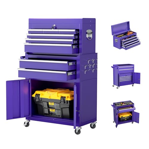 8-Drawer Rolling Tool Chest with Lock, Detachable Tool Cabinet Cart with Wheels, High-Capacity Mechanic Tool Storage for Garage Workshop Warehouse (Purple) - color: Purple