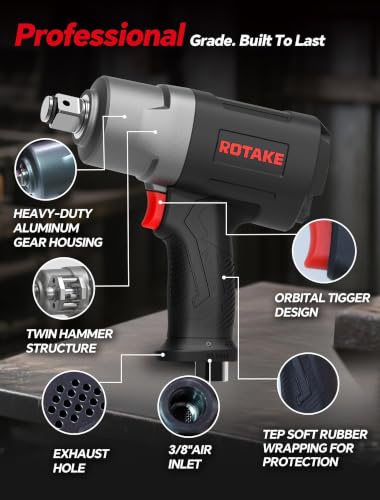 ROTAKE 3/4" Air Impact Wrench, 1400 ft-lbs, Twin Hammer, RT-5554 | 7200 RPM Speed, Heavy-Duty Aluminum Hammer Case, 5.34-lb Composite Body, 3-Speed Control, Light Trucks & Farm Equipment - size: 3/4" (1400 ft-lbs)RT-5554