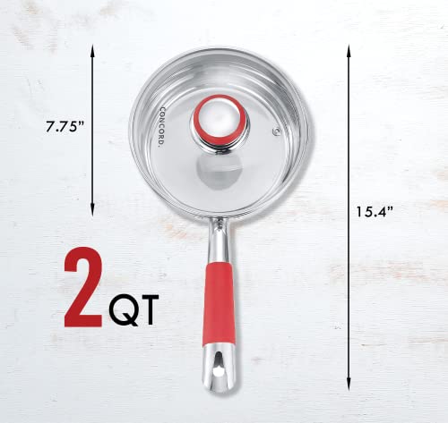Concord 2 Quart Stainless Steel Saucepan with SIMPLE POUR Vented Glass Lid. Features Dual Pouring Spouts and Volume Marking. Perfect for making Sauces, Jam, Ramen, and more - size: 2 QT