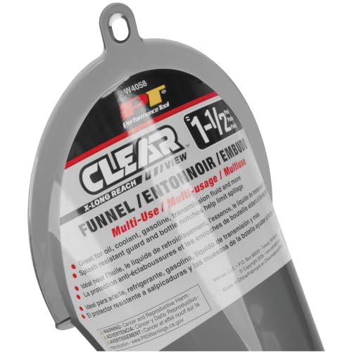 Performance Tool W4058 Clear View XL Long-Reach Funnel, 1.5 Pint, Splash Guard, Bottle Rest, Oil, Transmission Fluid, Coolant, Gear Oil, Automotive Funnel, Gray