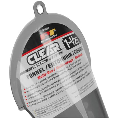 Performance Tool W4058 Clear View XL Long-Reach Funnel, 1.5 Pint, Splash Guard, Bottle Rest, Oil, Transmission Fluid, Coolant, Gear Oil, Automotive Funnel, Gray