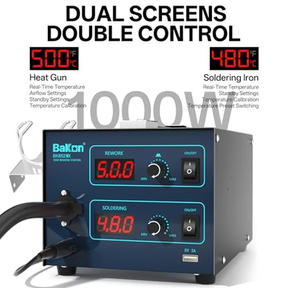 BAKON 852MX C210 Soldering Station,1000W Hot Air Rework Station with Digital Display, Precise Temp Control, ESD Safe Solder Station for SMD, BGA, PCB Electronics Repair (Includes Nozzle Kit) - color: Grey
