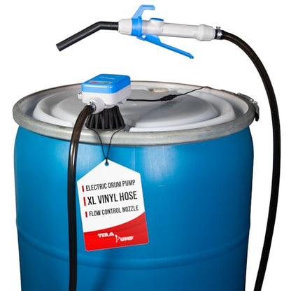 TERA PUMP Electric Powered 55 Gallon Drum Barrel Pump, 2.4GPM | Quick Stop Flow Control Nozzle, 9.8-ft XL Heavy-Duty Vinyl Hose, 39" Flexible Intake Hose, For DEF, Antifreeze, Washer Fluid
