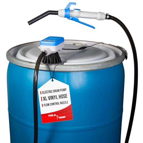 TERA PUMP Electric Powered 55 Gallon Drum Barrel Pump, 2.4GPM | Quick Stop Flow Control Nozzle, 9.8-ft XL Heavy-Duty Vinyl Hose, 39" Flexible Intake Hose, For DEF, Antifreeze, Washer Fluid
