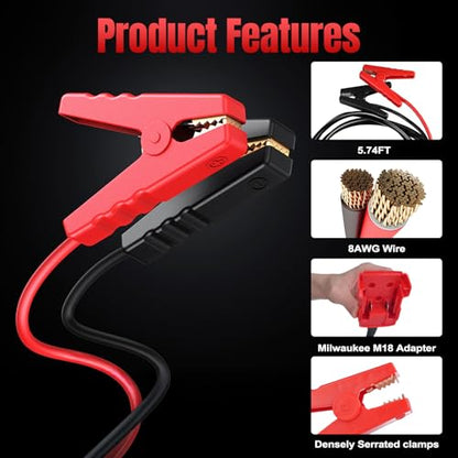 Milwaukee M18 18V Battery Jump Starter Cable Clamps- 8-AWG 5.74FT Automotive Booster Cables,Cable Power Tool Line for Most Cars