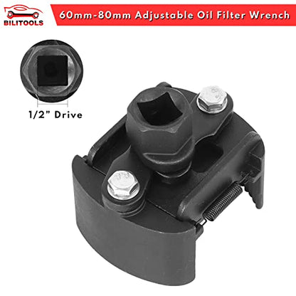 BILITOOLS Universal Adjustable Oil Filter Wrench with Auto-Clamp Spring | 1/2-Inch Drive Removal Tool, Fits 60-80 mm (2.36-3.15 Inch) Engine Filters, Conduit and Fittings - size: 60-80mm