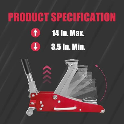 1.5 Ton (3,300 lbs) Low Profile Aluminum Hydraulic Racing Floor Jack with Dual Piston Quick Lift Pump, Lifting Range 3.5" to 14", for Cars and Family sedans, Red