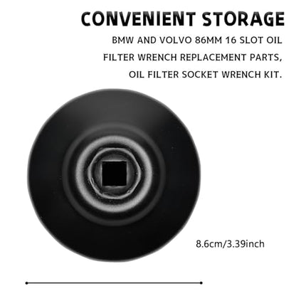 86mm 16 Flutes Oil Filter Wrench for BMW and Volvo, Oil Filter Housing Cap Removal Tool Fits 86mm Cartridge Style Filter Housing Caps, Steel Socket Wrench Kit for 3/8" Drive (Black)