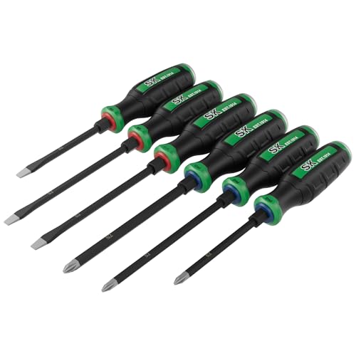 SK 6-Piece Screwdriver Set Heavy Duty, Demolition Screwdriver, S2 Steel | Magnetic Slotted/Phillips Tips, Strike-cap Design for High-impact, Hex Bolster, SureGrip Handle - size: 6PC