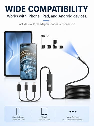 Endoscope Camera with Light,1920P HD Borescope with 8 Adjustable LED Lights, IP67 Waterproof 16.5FT Semi-Rigid Snake Camera, Snake Cord Inspection Camera for iPhone, iPad and Android Phone-5M