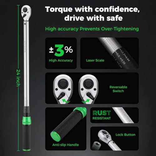 TecoTek 14PCS 1/2 Inch Drive Torque Wrench Tool Set, Tire Change Kit, 22.2-244.2FT.-LB/30-330Nm, With 24" Breaker Bar, 3-Inch & 5-Inch Extension, 10 Sockets for American Cars, Trucks and SUVs