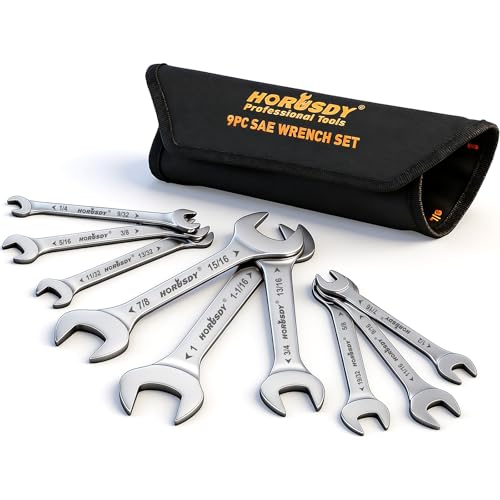 HORUSDY Thin Wrenches Set | SAE | 9-Piece | Including 1/4" - 1" | Bike Wrench Set | Thin Open End Wrench Set with Rolling Pouch - size: SAE 9-Piece
