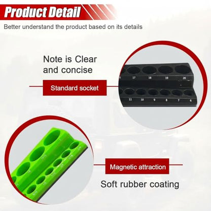 2PCS Magnetic Socket Organizer Set - 3/8 Inch Drive Metric SAE Socket Holder Tool Trays Magnetic Sockets Storage Rail Holds 56 Standard and Deep Sockets for Tool Box Carts Drawer (3/8"-Black&Green) - size: 3/8"-Black&Green