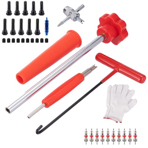 22PCS Red Handle Tire Valve Stem Tool Kit - Quick Install & Remove Valve Core Tool for Car/ATV/Truck/Lawn Mower, Longer Tire Valve Stem Puller For Checking Tire Pressure with TR413/TR414/TR418