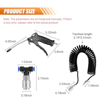 BDZMC Air Blow Gun Kit, Truck Air Duster Gun Cleaning Nozzle Kit, Heavy Duty Air Seat Blow Spray Tool with 5m Long Coil PU Air Hose for Cars, Trucks, Semi Trailers