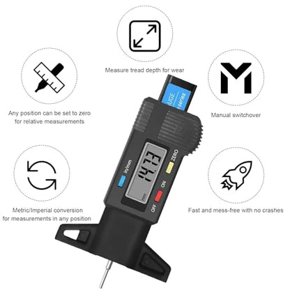 Digital Tire Tread Depth Gauge, 1 Inch/25.4 mm Metal Tread Depth Measurement with LCD Display, Accurate Zeroable Tire Depth Measuring Tool for Cars Trucks Vans SUVs (Black) - color: Black