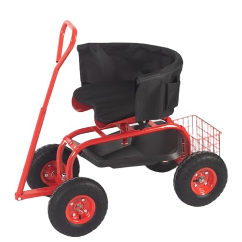 Kinfant Garden Seat with Ergonomic Backrest – Rolling Garden Stool with Height Adjustable & 360° Swivel Seat with Wheels, Gardening Cart Bench, Tool Storage, for Yard, Patio Red - color: With Backrest-red