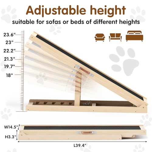 Dog Ramp for Couch, Adjustable Height Ramps for Pets to Get on Bed | Height from 18" to 23.6", with Traction Rubber Mat, Capacity 110ibs, Wooden Portable Stairs for Small Dogs - size: 39.4"L x 14.5"W x 3.3"H