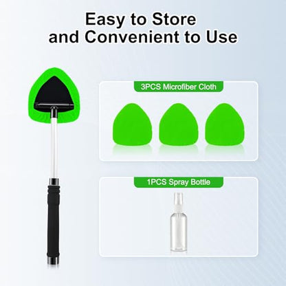 JUSTTOP Windshield Cleaner Tool, Car Interior and Exterior Window Cleaning Kit with Extendable Handle & 4 Reusable Microfiber Pads, Auto Glass Wiper Brush Kit for Car & Home Windows (Green) - color: Green