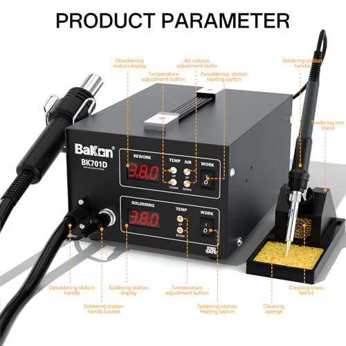 BK701D 700W Soldering Station, 2 In 1 Hot Air Rework & Soldering Iron Station, SMD ESD Safe Solder Station,Electronic Soldering Kit For Mobile Phone Laptop Repair or Circuit Board Soldering - color: Black