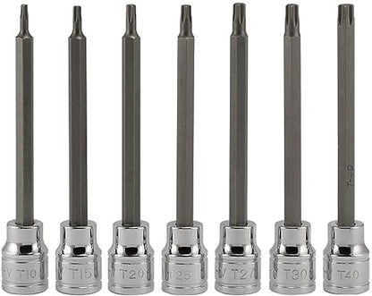 NEIKO 10080A 3/8” Drive Extra Long Torx Star Bit Socket Set | 7 Piece | T10 to T40 | 4-3/8” Length - size: 7 Piece, Extra-Long, style: Torx