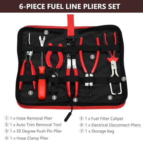 6Pcs Fuel Line Disconnect Tool Set, 9" Fuel Filter Caliper, Professional Hose Clamp Kit, Pipe Clamp Clip, 30 Degree Disconnect Pliers for Auto Maintenance with Storage Case