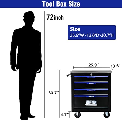4 Drawer Heavy Duty Rolling Tool Chest, Mobile Metal Lockable Tool Cart with Stainless Steel Worktop, Garage Tool Storage Cabinet for Workshop Auto Repair, Black & Blue, 30.7" H × 25.9" W - size: 4 Drawers