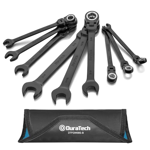 DURATECH 9-Piece Flex-Head Ratcheting Wrench Set, Combination Wrench Set, 72 Tooth, SAE, 5/16'' to 3/4'', Black Electrophoretic Coating, CR-V Steel, with Rolling Pouch - color: Black, size: 5/16 - 3/4 inch