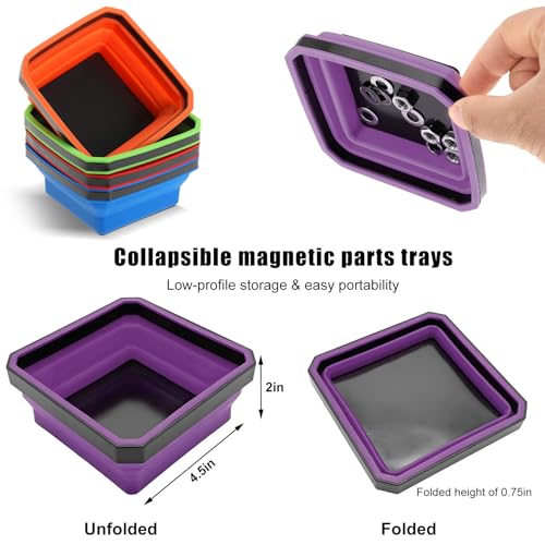 Yourkar Collapsible Magnetic Parts Tray, 4.5 Inch Foldable Magnetic Square Silicone Tray, Tool Tray Set with Double-Sided Magnetic Base for Screw Bolts Nuts Pins, Car Accessories (Purple) - color: Purple, 1 PCS