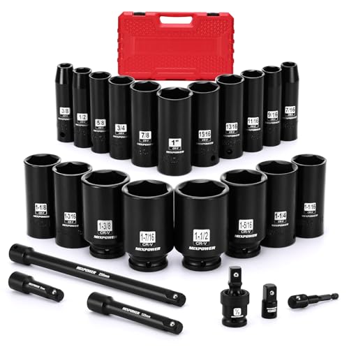 MIXPOWER 25 PCS 1/2” Drive Impact Socket Set, 3/8" to 1-1/2" Deep Socket, 6-Point Hex Socket with Portable Case,SAE,CR-V&CR-MO Steel - size: 25 PCS(3/8"-1-1/2")