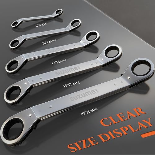 SUZUME 5-Piece Double Reversible Offset Ratcheting Wrench Set Metric (6-21mm) Offset 25° Double Box Wrench for Automotive Repair Industrial Machinery Maintenance DIY with Rolling Pouch - size: Metric