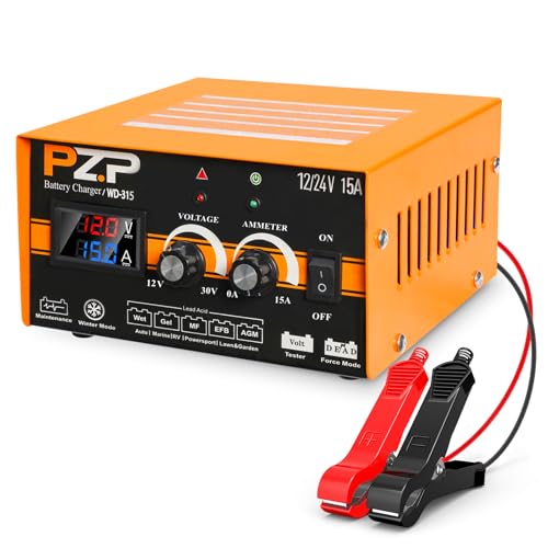 12V 24V Manual Battery Charger Maintainer, 0 to 15A Arbitrarily Adjustable Car Battery Trickle Charger, Battery Desulfator with Repair, Winter Mode, Suitable for AGM Gel Deep Cycle Truck RV ATV - color: Orange
