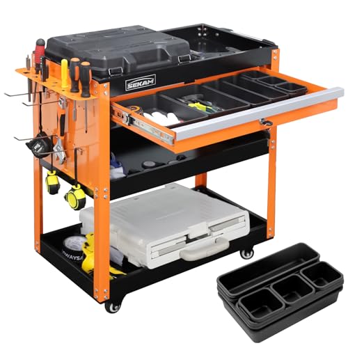 SEKAM 3-Tier Rolling Tool Cart: Heavy Duty Mechanic Service Cart with Drawer for Garage & Warehouse – Metal Utility Trolley Organizer with Locking Wheels & Screwdriver Holder (440LBS Capacity)