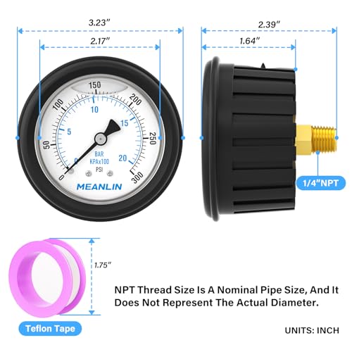 MEANLIN MEASURE 0~300Psi Stainless Steel Liquid Filled Pressure Gauge 1/4" NPT 2.5" FACE DIAL with Rubber Protective Sleeve, Center Back Mount - size: 0-300Psi