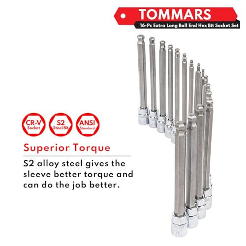 TOMMARS 16-Pc 3/8 Inch Drive Ball End Long Hex Bit Socket Set | Ball End, Extra Long Allen Socket Set, SAE & Metric 1/8-3/8 in., 3-10 mm,CR-V , S2 Steel - style: Ball End,3-10mm,1/8"-3/8"(16PCS)