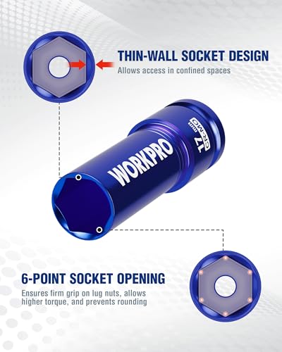 WORKPRO 1/2" Drive Lug Nut Impact Duty Socket, 17mm Deep Thin Wall Socket | Made of Premium Cr-Mo Steel, Non-Marring Lug Nut Wheel Sockets for Car - size: 1/2" DR x 17mm