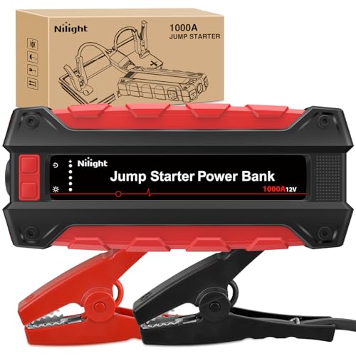 Nilight 1000A Car Battery Jump Starter for Up to 6.0L Gas & 4.0L Diesel Engines 12V Portable Jump Start Booster Pack Jump Box with Jumper Cables DC Output and LED Light - color: 1000A